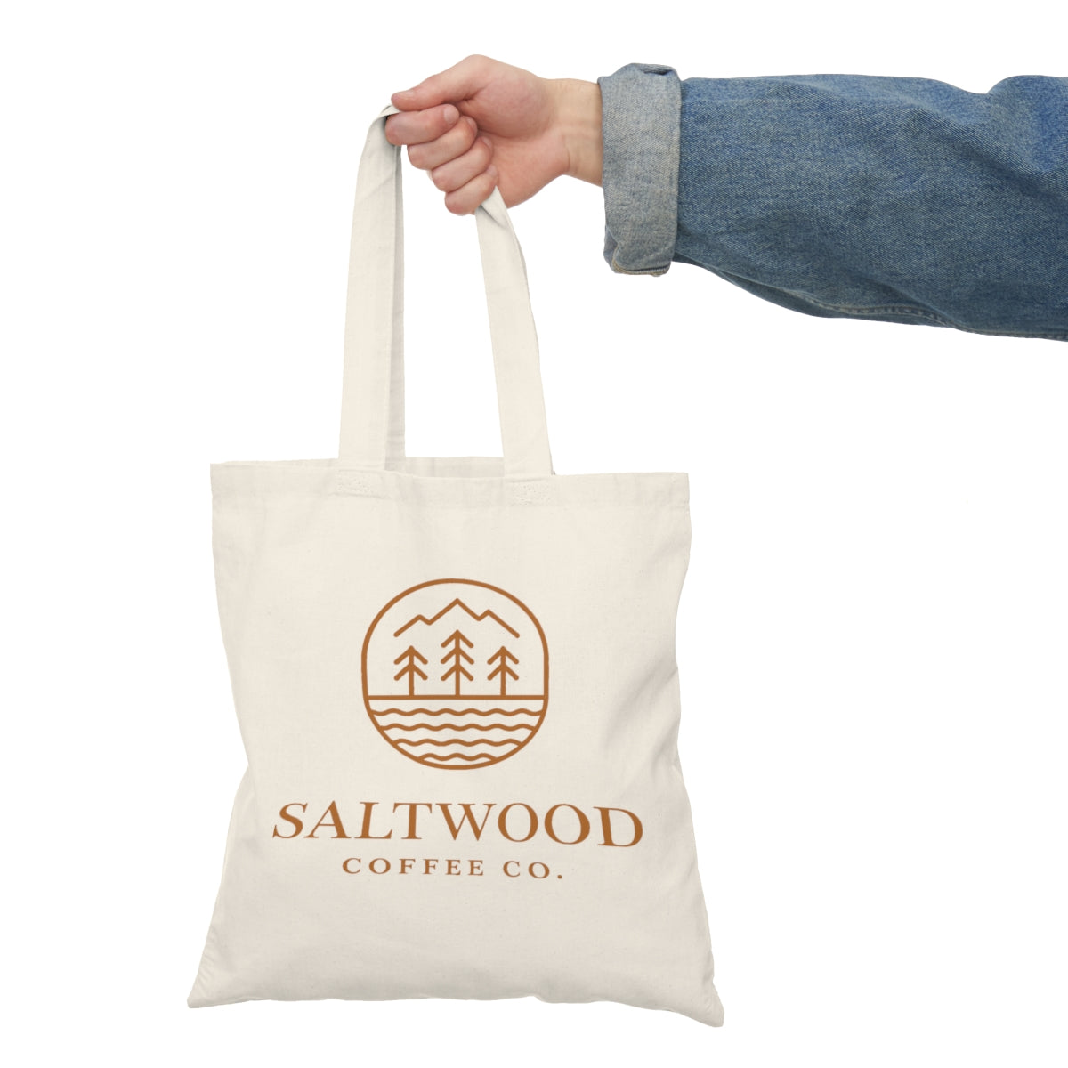 Saltwood Coffee Co. natural tote bag, worn front view