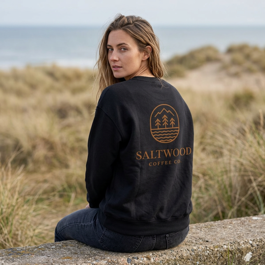 Saltwood Coffee Co. Crewneck Sweatshirt — Minimal Mountain & Trees Logo