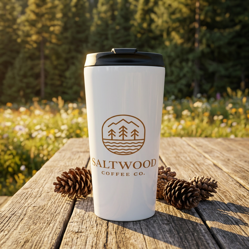 Saltwood Travel Mug on a wooden table outdoors