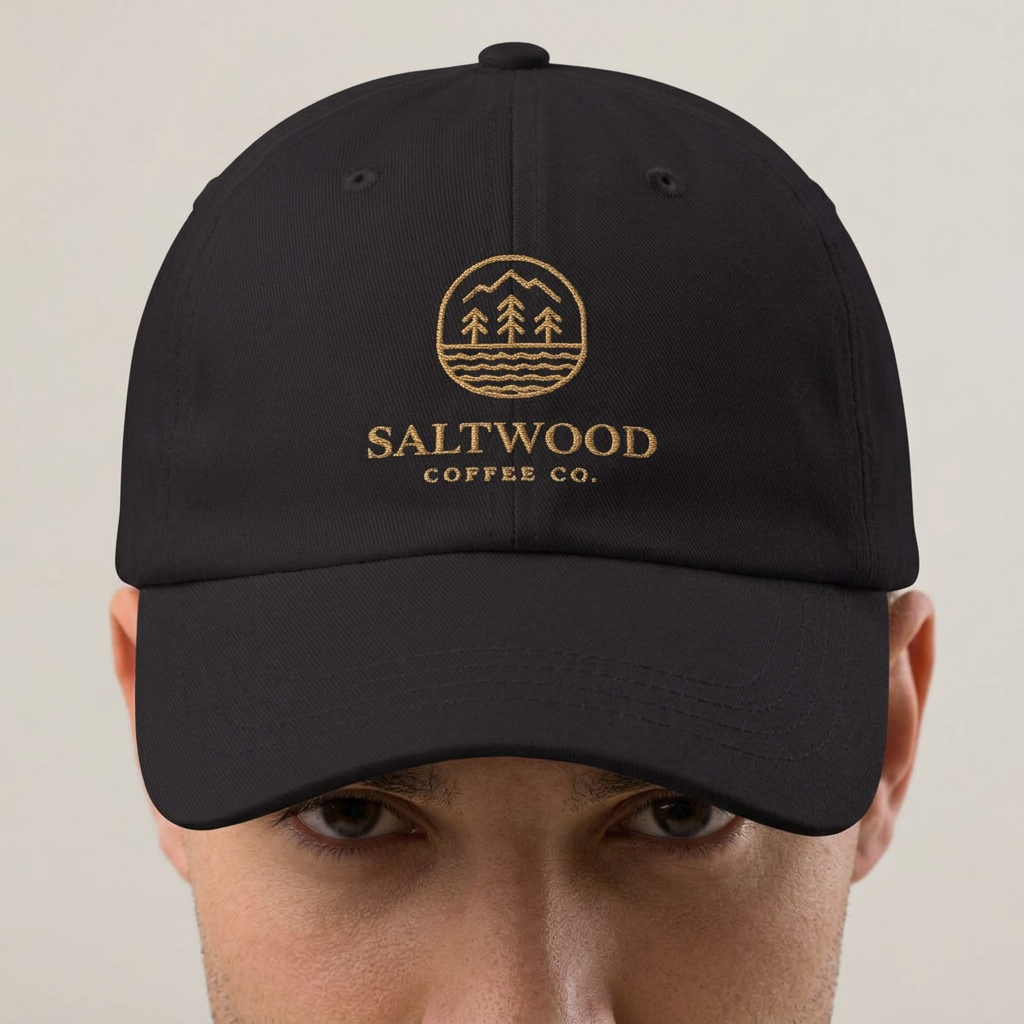 Saltwood Dad Hat with gold logo embroidery, worn