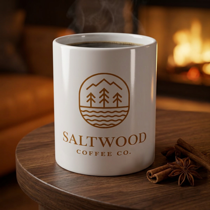 Saltwood Ceramic Mug steaming on a wooden table by the fire