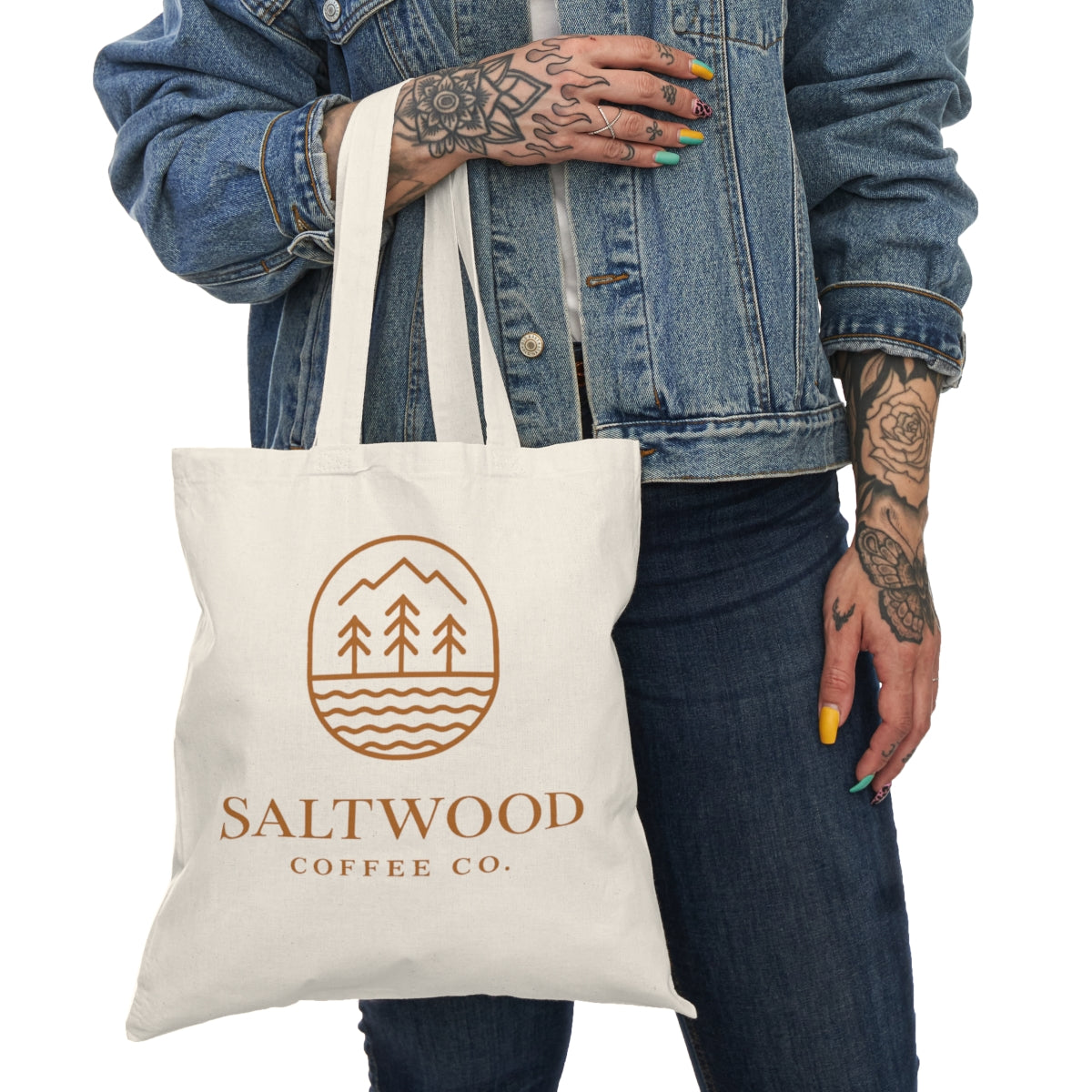 Saltwood Coffee Co. natural tote bag, flat front view