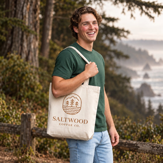 Man carrying the Saltwood Coffee Co. natural tote bag outdoors